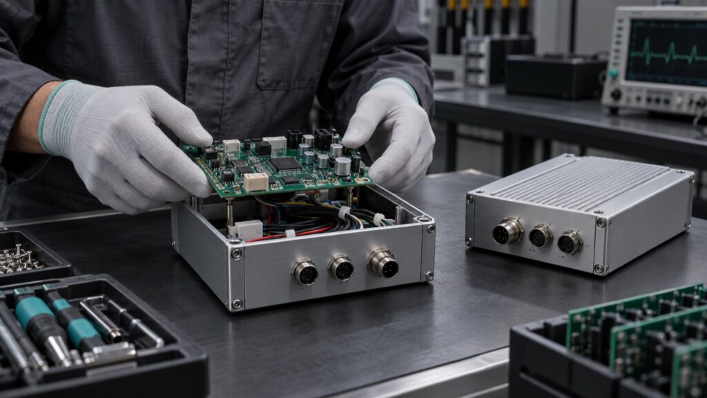 Assemblaggio di scheda elettronica, cablaggi e contenitore in alluminio per un dispositivo industriale