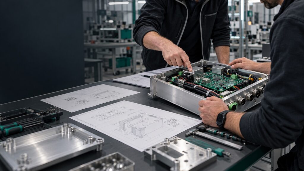 Tecnici esaminano scheda elettronica, cablaggi e contenitore di un dispositivo industriale