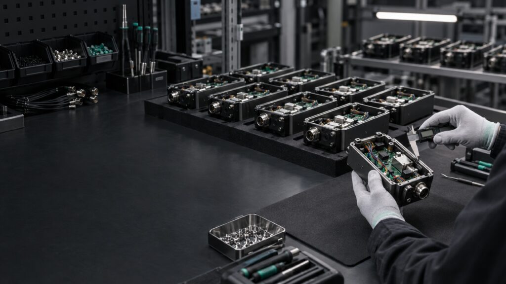 Piccola serie di dispositivi elettronici durante assemblaggio e controllo qualità